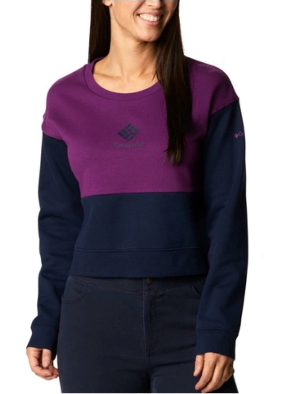 Columbia Colorblock Fleece Sweatshirt Womens Small Purple Navy Crewneck